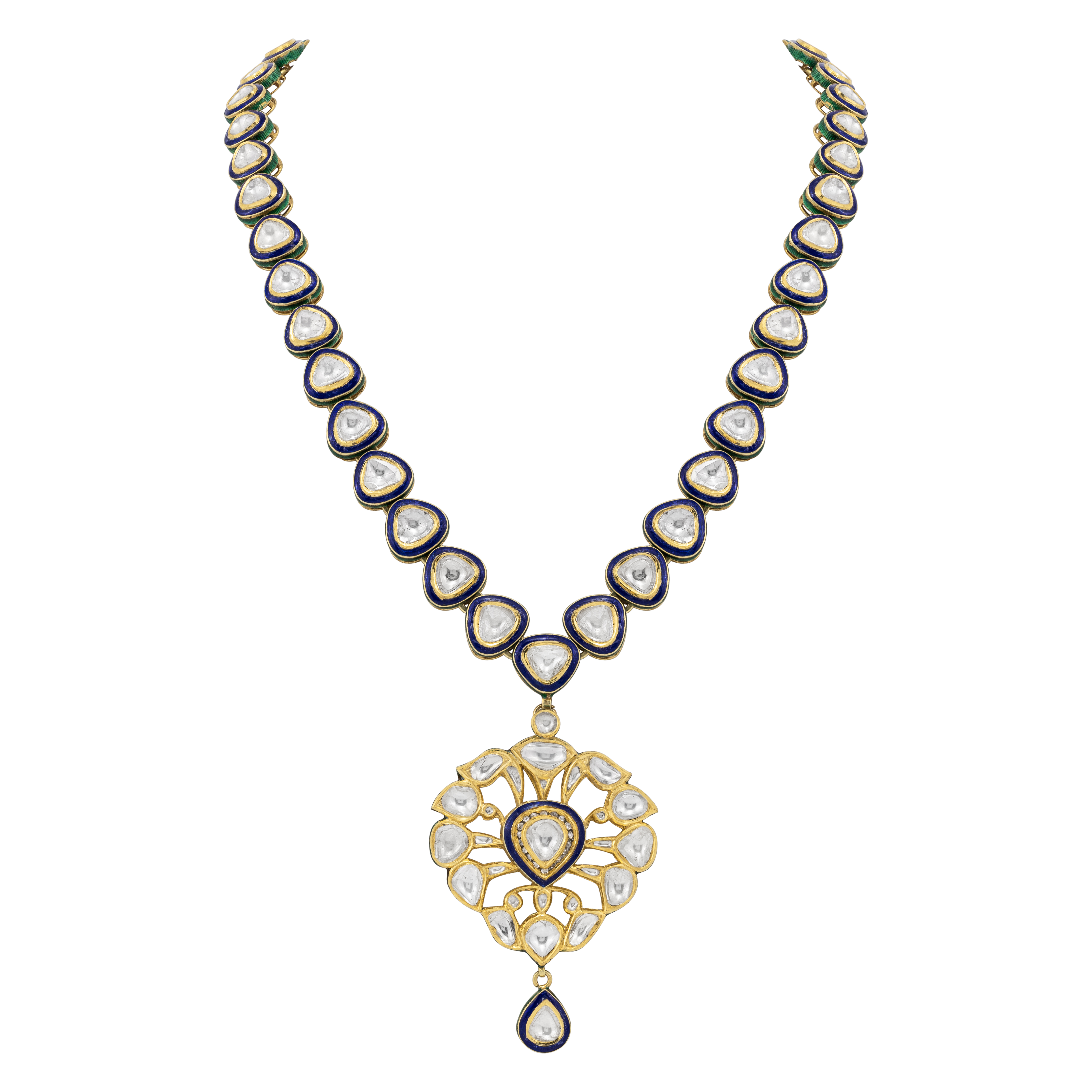Polki Diamond Necklace with Blue Enamel and Pendant